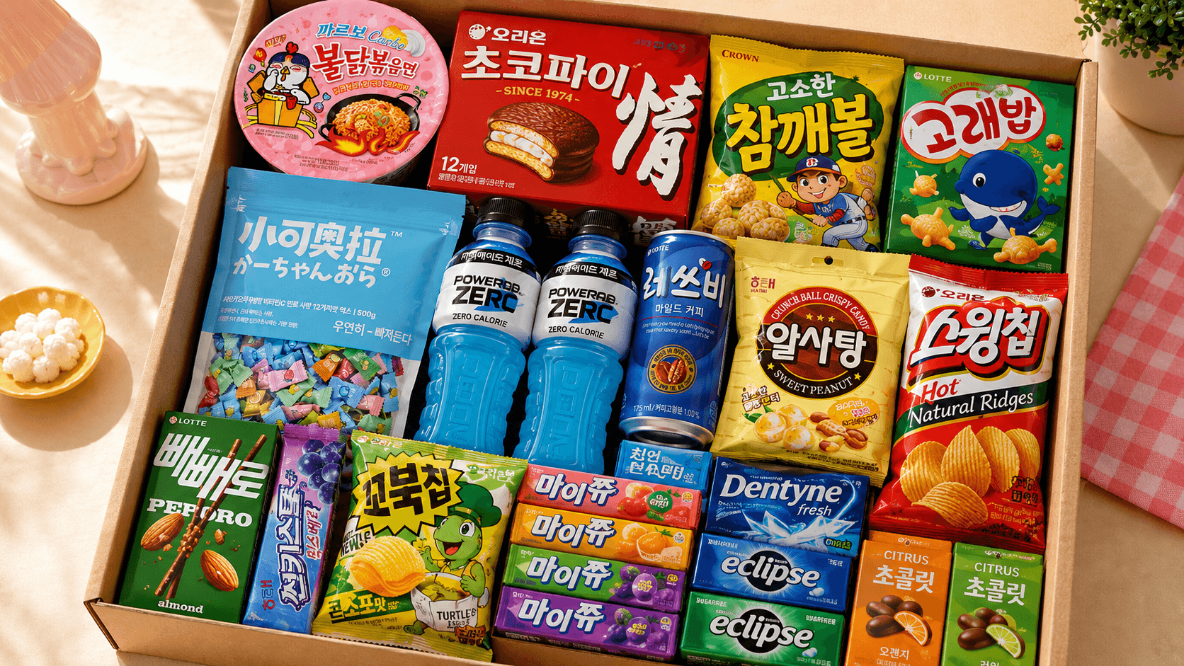 A brown kraft shipping box completely filled to the brim with Korean snacks, arranged like Tetris pieces with zero wasted space.
