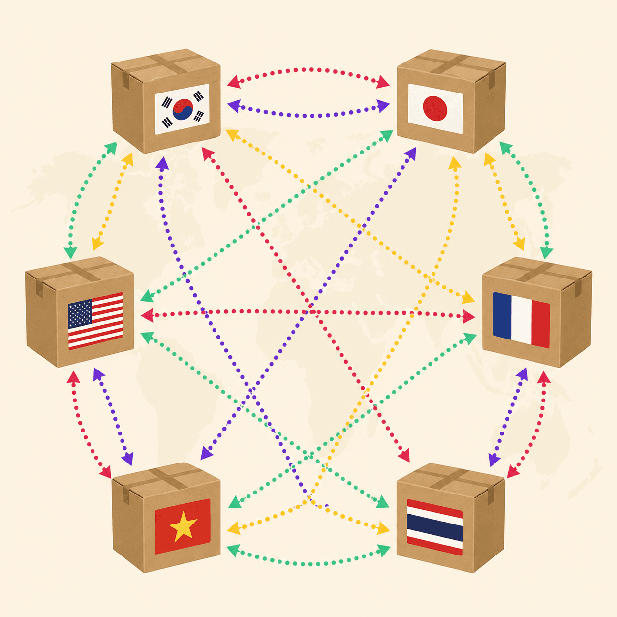 Illustrated network of six kraft delivery boxes labeled with national flags — Korea, Japan, USA, France, Vietnam, Thailand — connected by colorful dotted lines forming a global web.